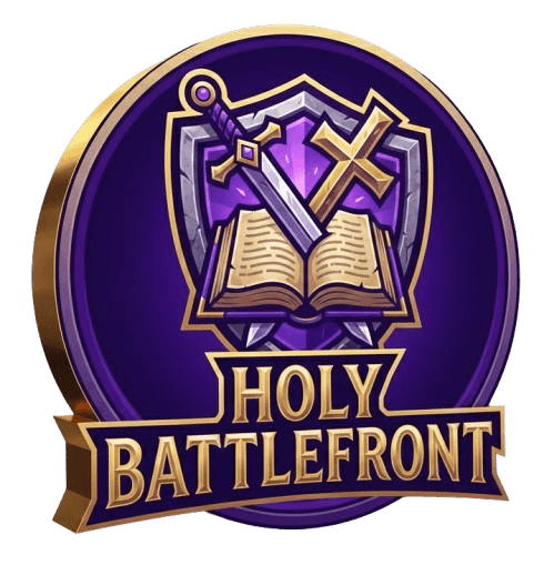 Holy Battlefront shield with sword, cross and open Bible